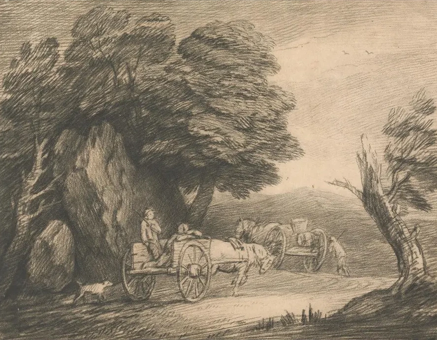 Wooded Landscape with Two Country Carts and Figures