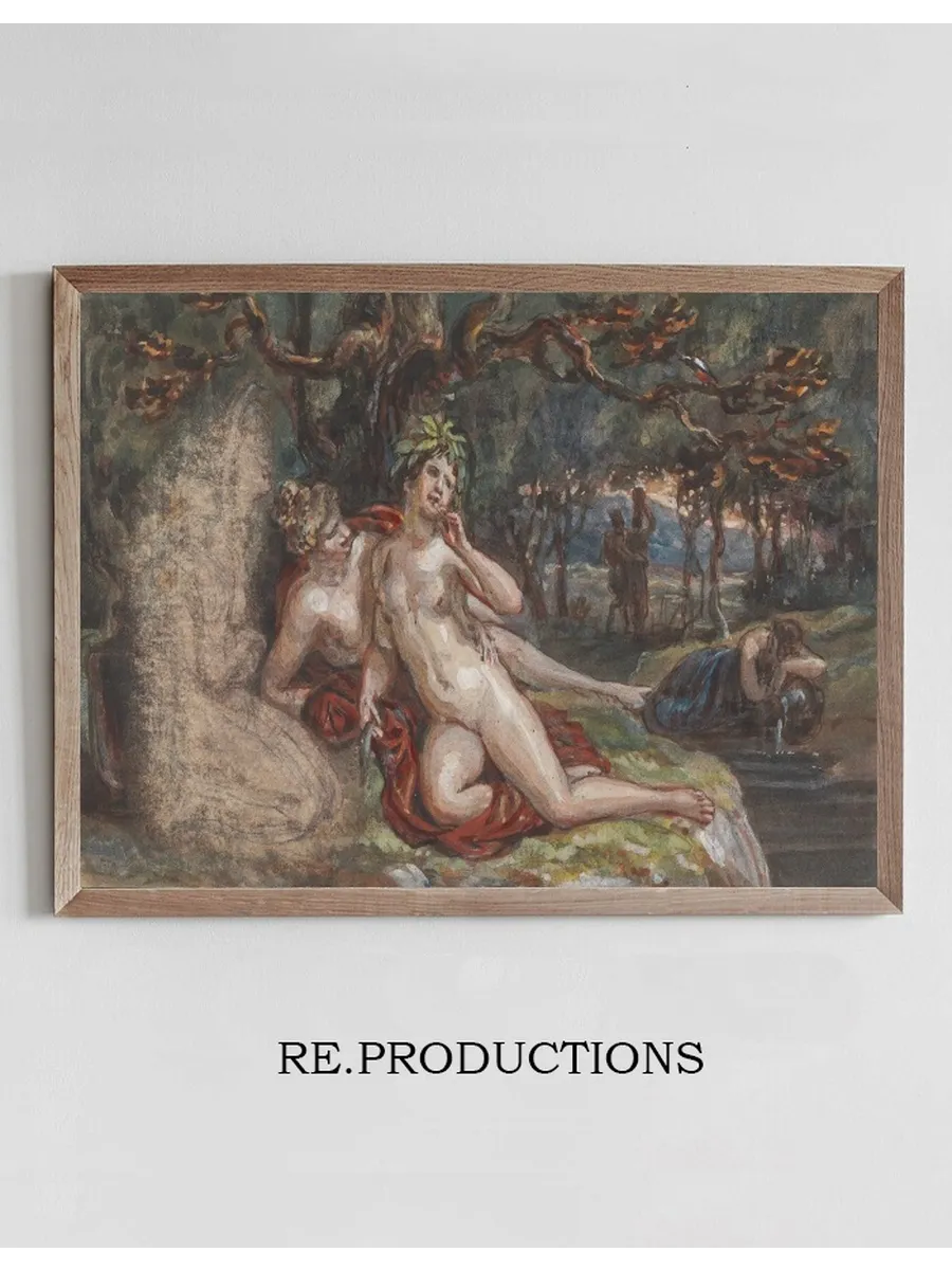 Wooded Scene with a Couple Laying under a Tree, by a Stream