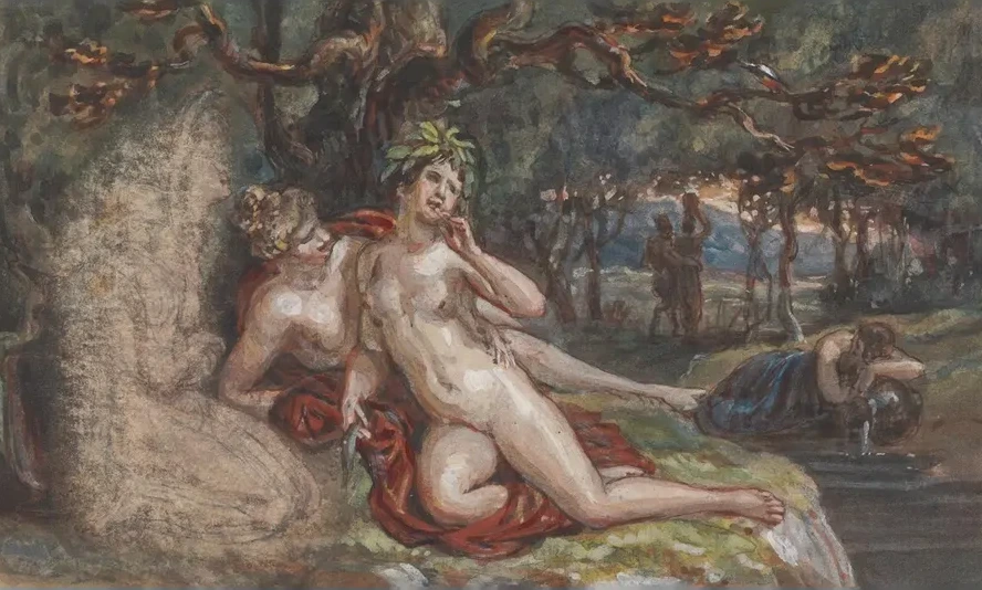 Wooded Scene with a Couple Laying under a Tree, by a Stream