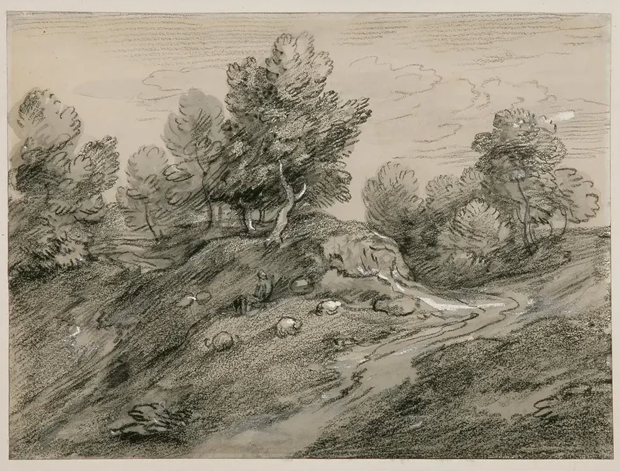 Wooded Upland Landscape with Shepherd and Sheep and Country Track Winding Around a Knoll