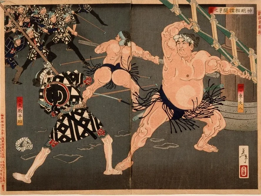 Yotsuguruma Daihachi and Kotengu Heisuke Duel During the Battle of the Wrestlers and the Firemen at Shinmei Sh