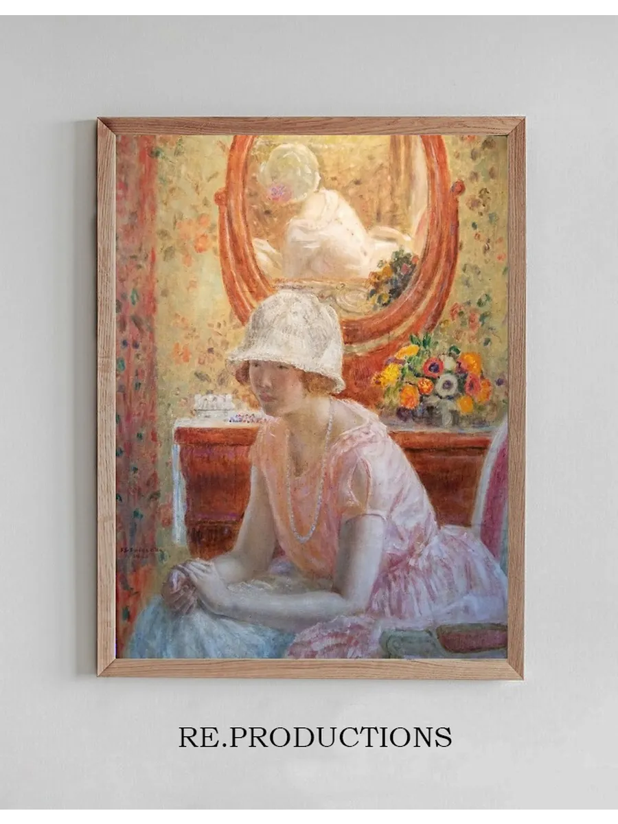 Young Girl Before a Mirror in a Pink Dress