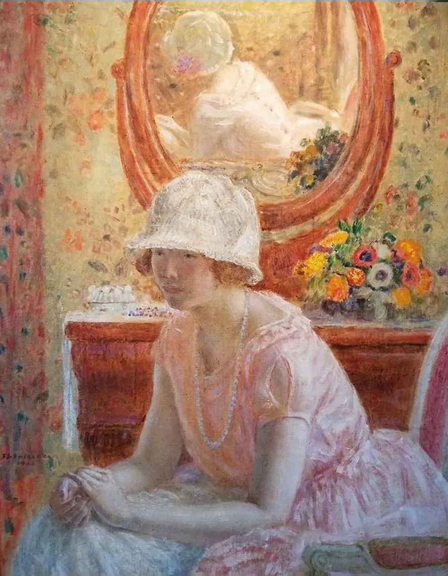 Young Girl Before a Mirror in a Pink Dress