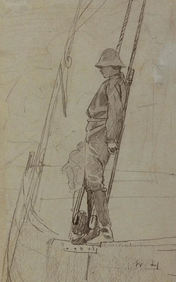Young Man Leaning Against Sailboat Rigging