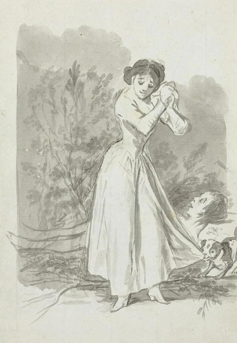 Young Woman Wringing Her Hands over a Man's Naked Body