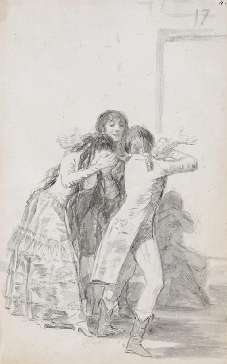 Young Woman Weeping and Covering Her Face with Her Hands, Accompanied by Men