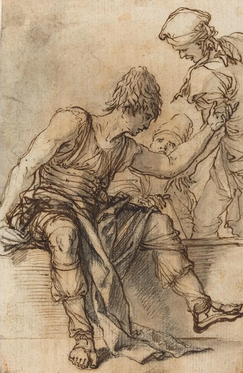 Youth Sitting on a Wall in Conversation with Two Men