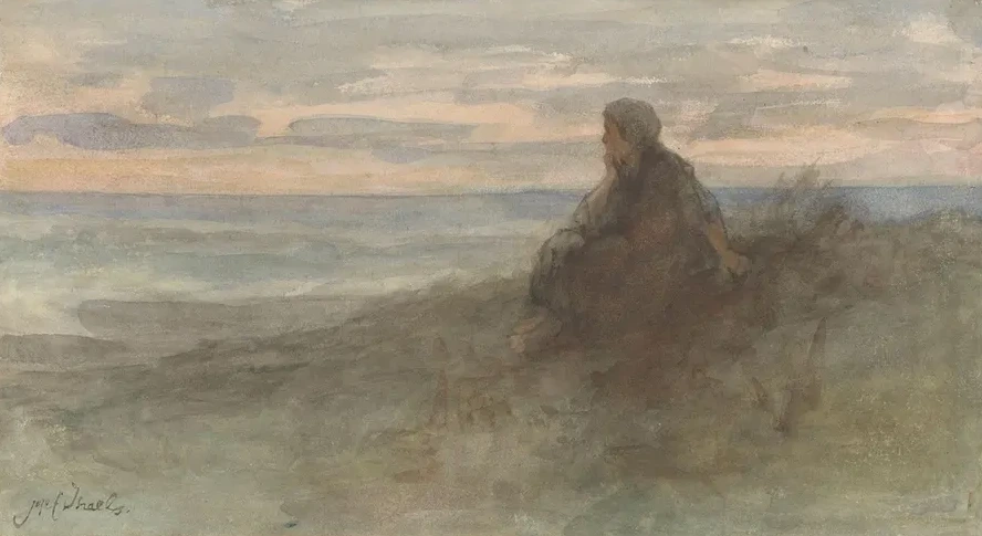 Zittende Vrouw Op Een Duin Bij Zee