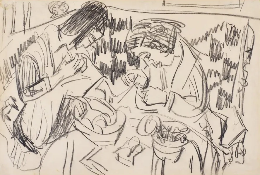 Zwei n hende Frauen am Tisch (Two Sewing Women at the Table)