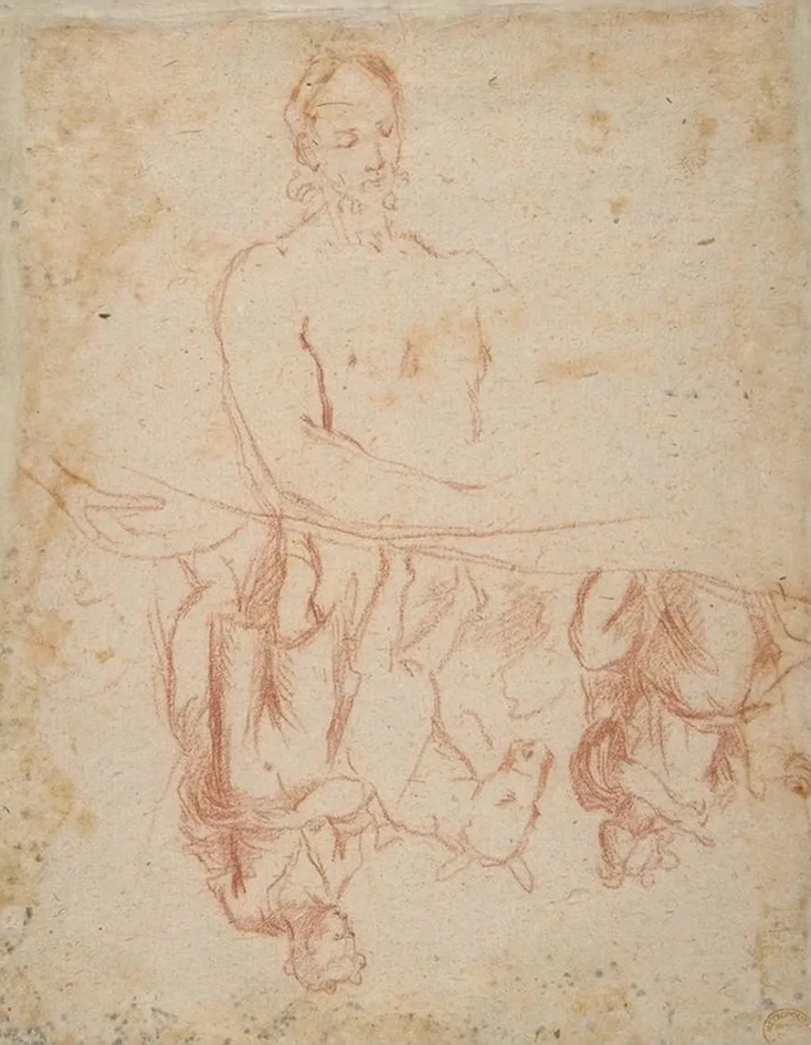 Half - Length Study of Bearded Nude Male Figure, and a Man and Woman with Donkey