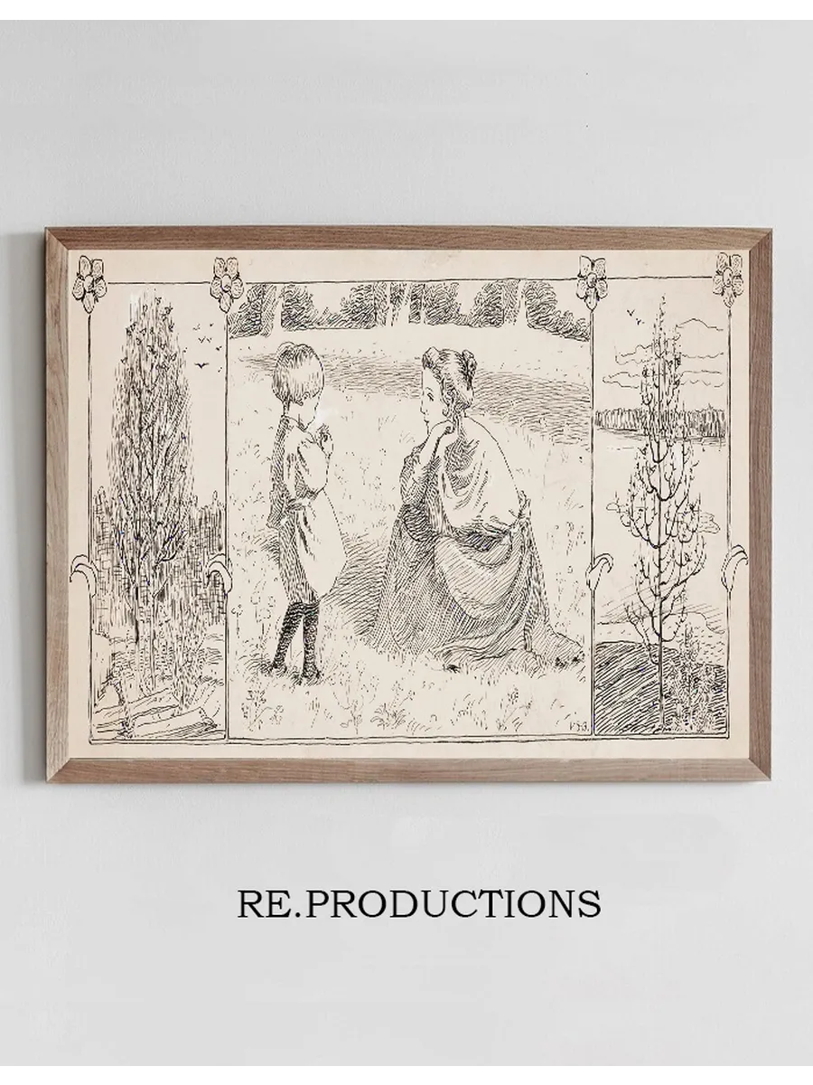 Mother and Small Child in a Meadow, Next to Wooden Subjects