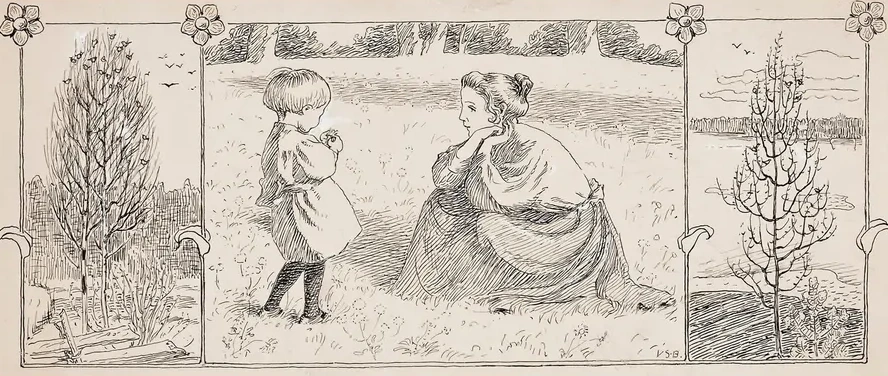 Mother and Small Child in a Meadow, Next to Wooden Subjects