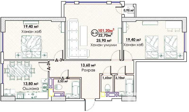 3-room • 15 floor • 101.0 м² • New Building • Karobolo