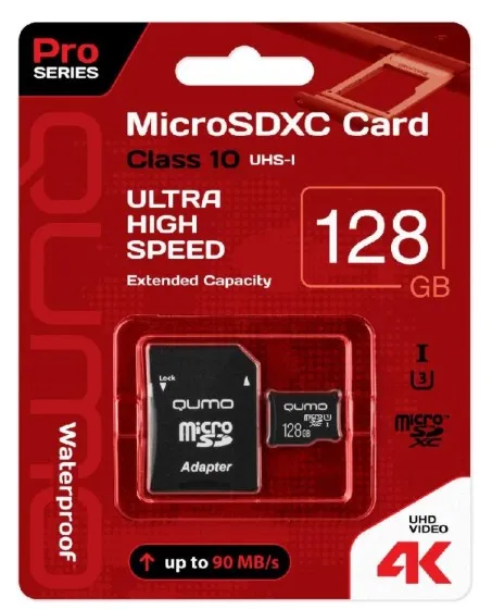 Карта памяти MicroSDXC 128GB UHS-I QUMO + SD adapter (QM128GMICSDXC10U1)