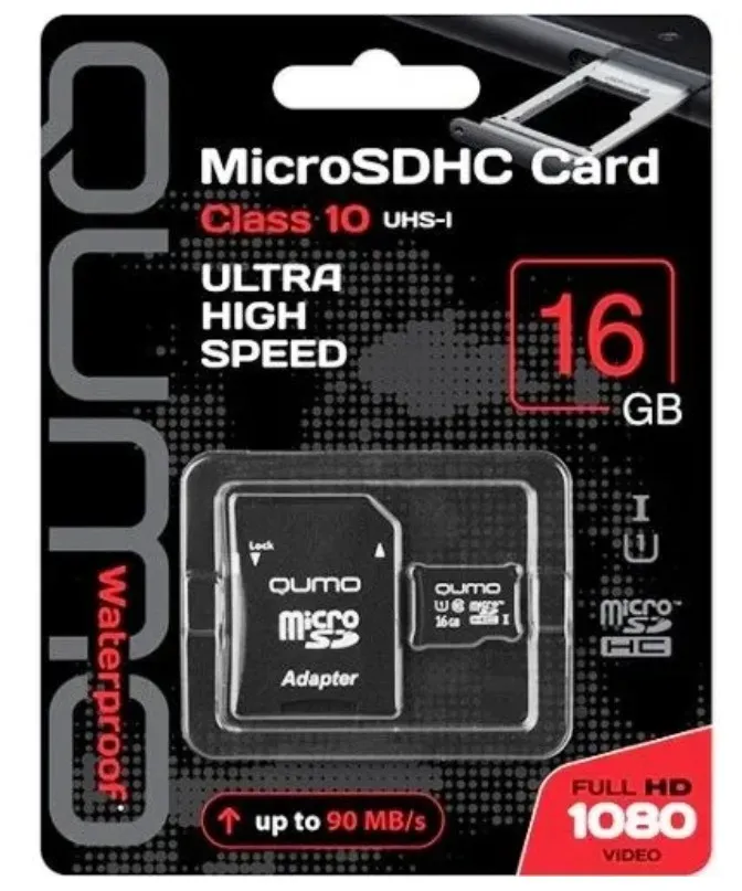 Карта памяти Micro-SD card 16 GB UHS-1 Class 10 QUMO + SD adapter (QM16GMICSDHC10U1)