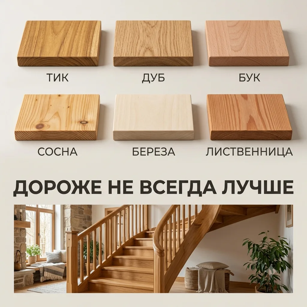 Главное — выбрать самый дорогой материал? 🔥Многие считают: бери дуб или бук — и лестница будет идеальной. А для максимального уровня — тик, как на палубах люкс…