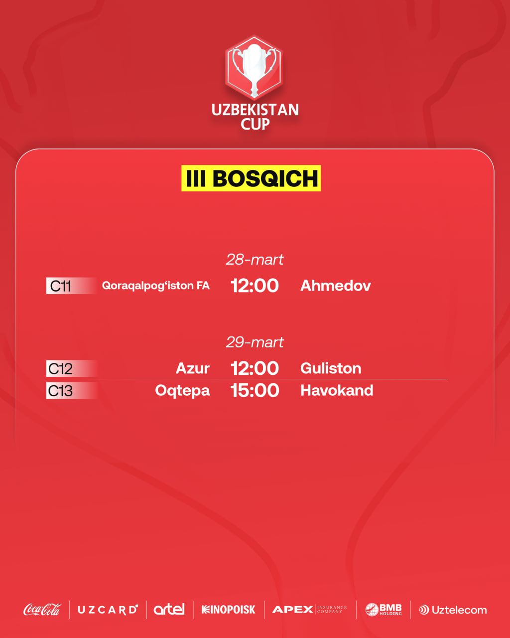 O‘zbekiston kubogi saralashi. Hal qiluvchi bosqichning barcha ishtirokchilari ma’lum