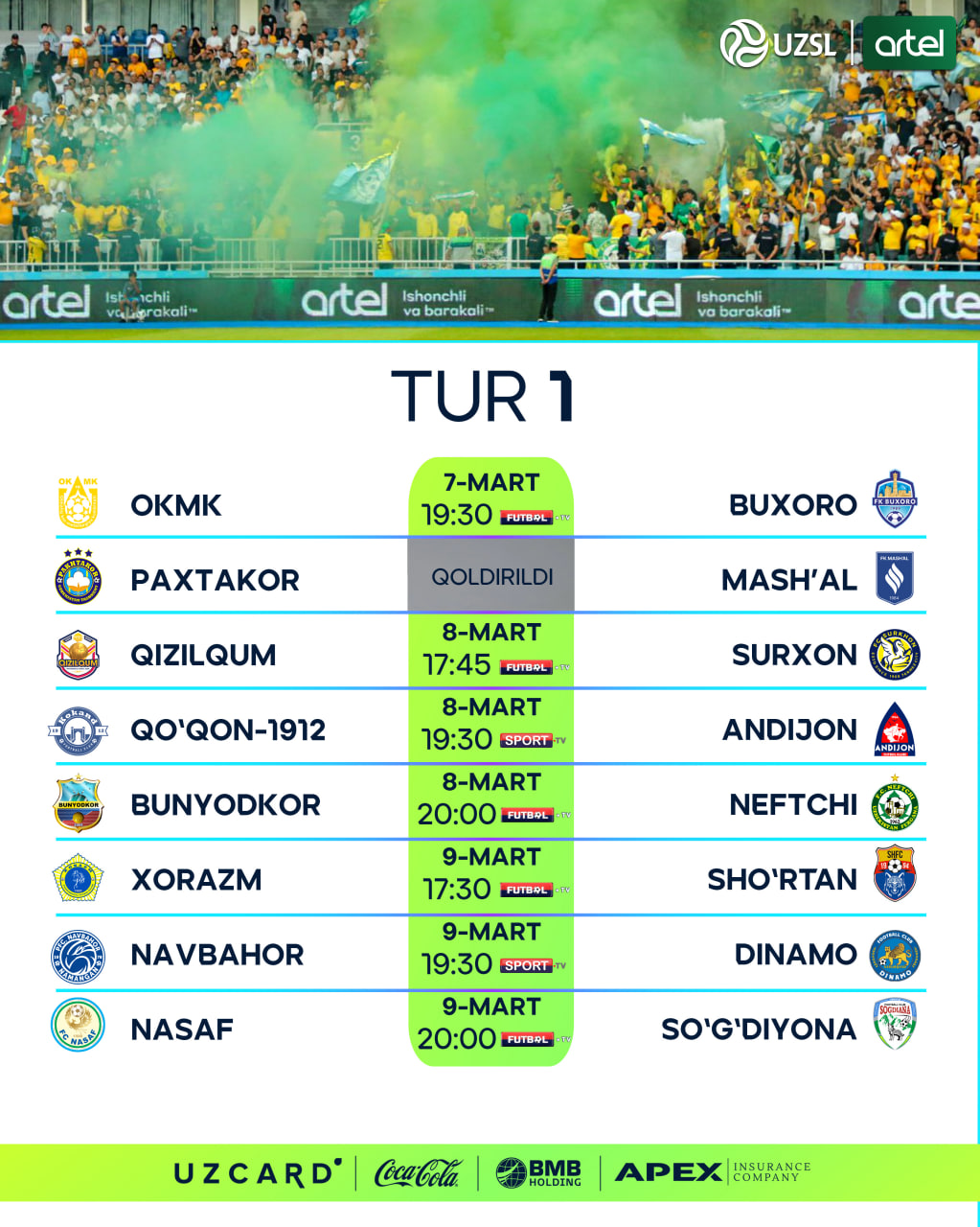 Superliga 1-turi vaqtlari aniq bo‘ldi