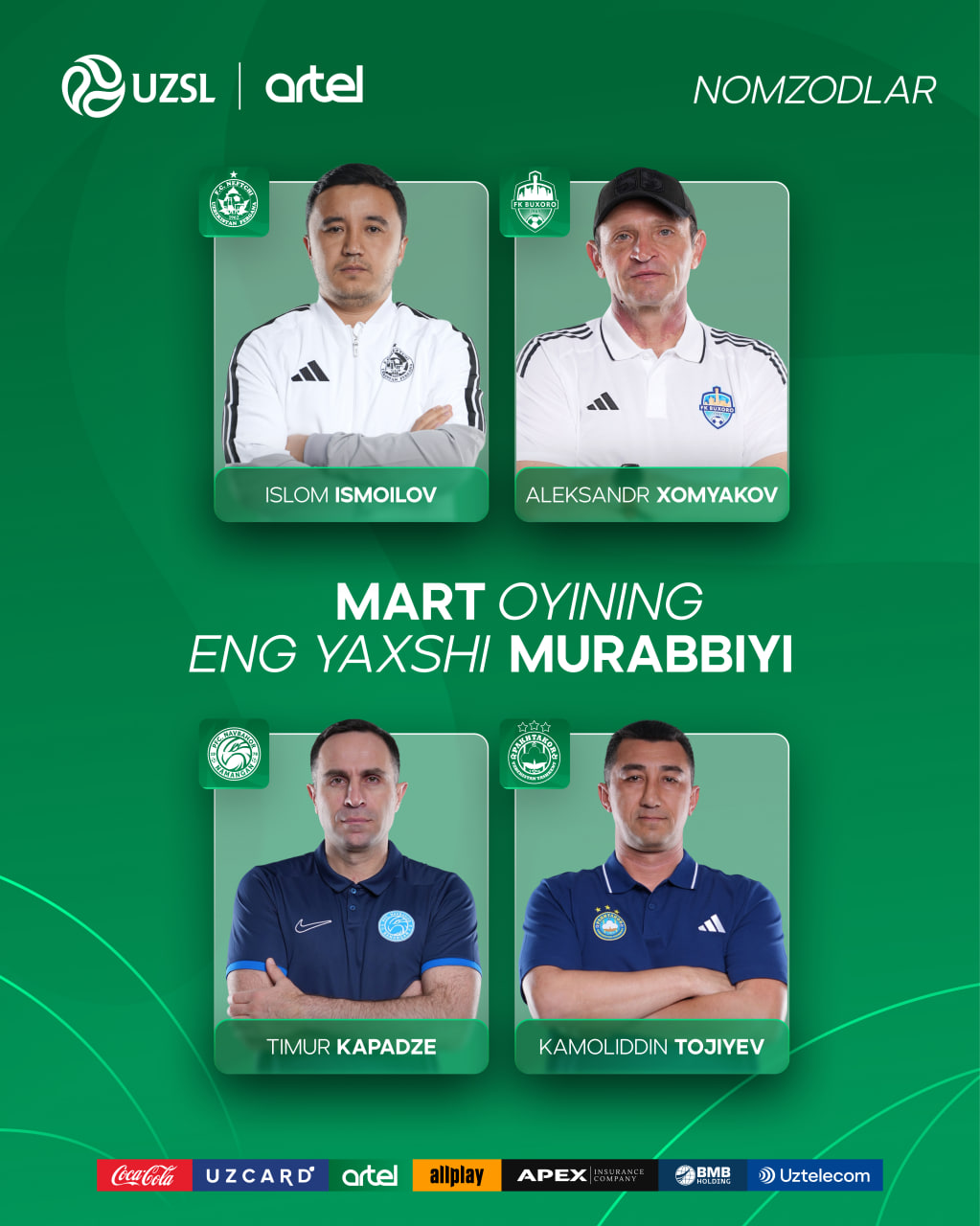 Superliga. Mart oyining eng yaxshi murabbiyi bo‘lish uchun nomzodlar