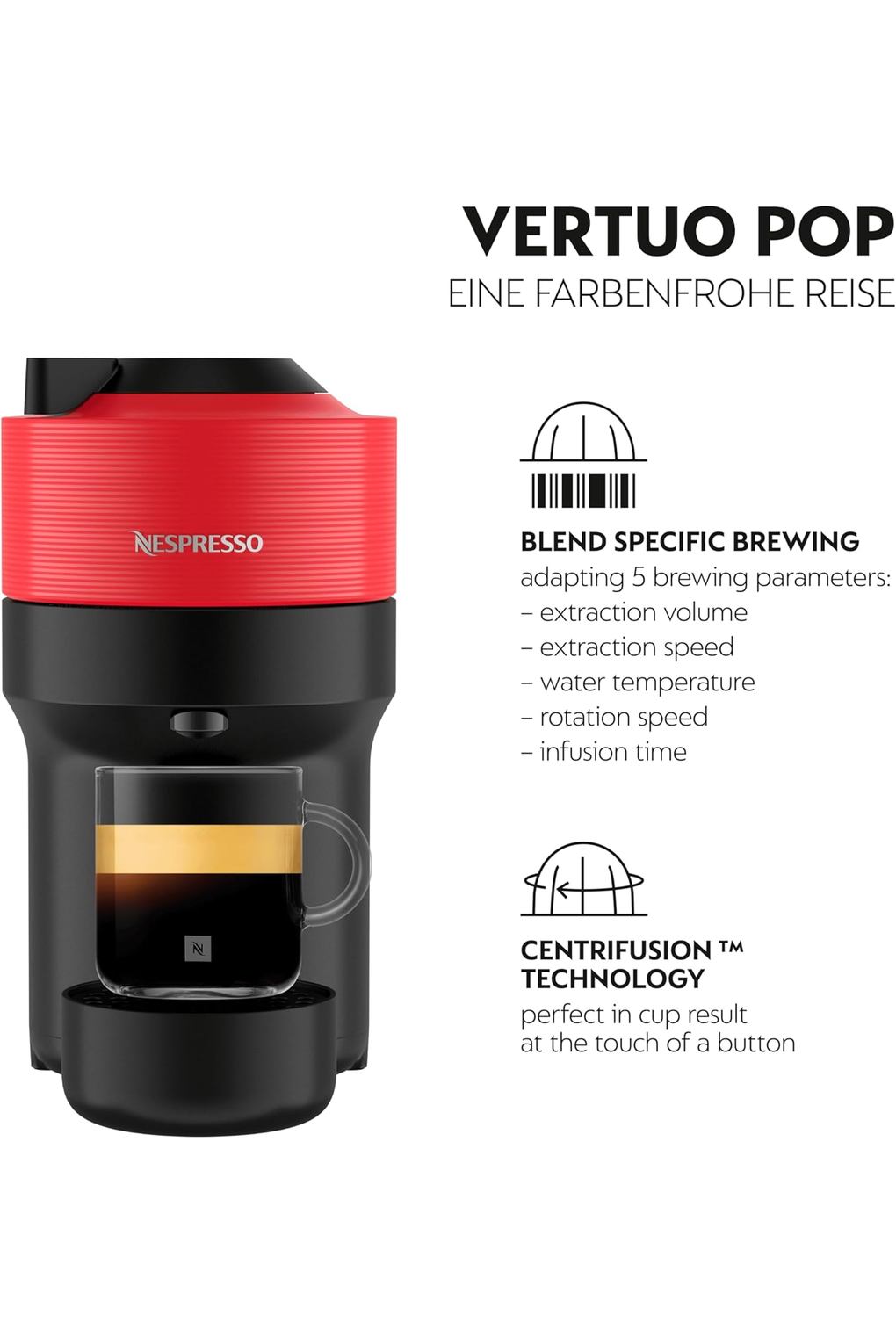 Кофемашина Nespresso Krups Vertuo Pop Coffee Capsule Machine, Capacity: 560 ml, Automatic Capsule Detection, One Touch System, 4 Cup Sizes, Shortened Heating Time, Sustainable, Spicy Red, XN9205. Фото 2.