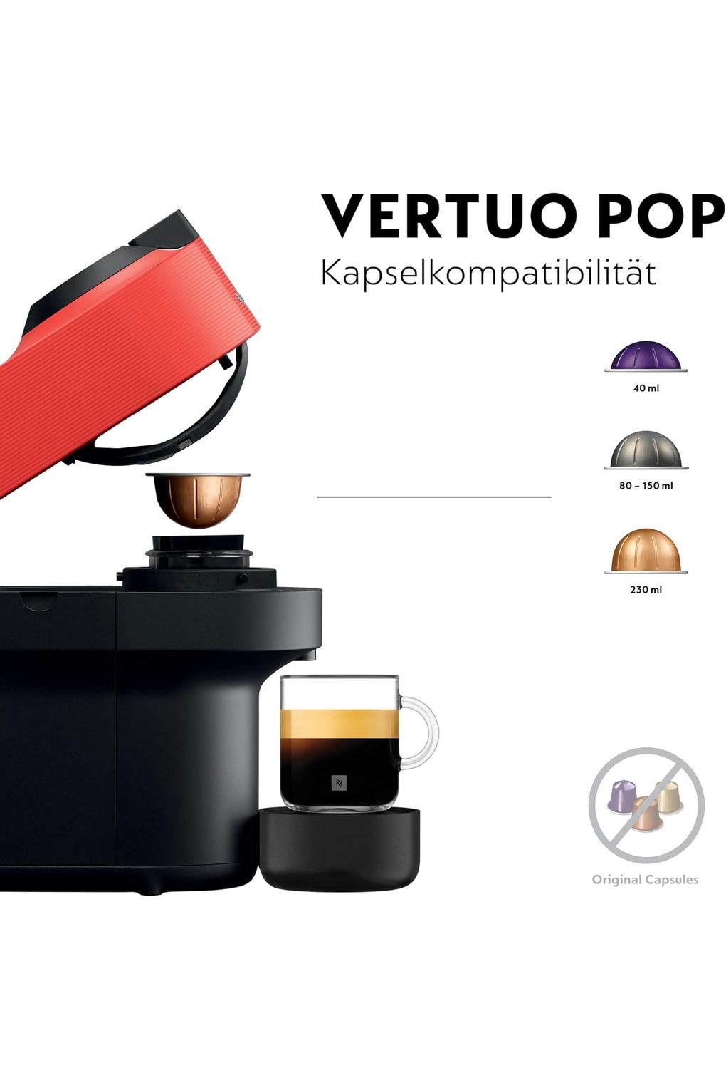 Кофемашина Nespresso Krups Vertuo Pop Coffee Capsule Machine, Capacity: 560 ml, Automatic Capsule Detection, One Touch System, 4 Cup Sizes, Shortened Heating Time, Sustainable, Spicy Red, XN9205. Фото 4.