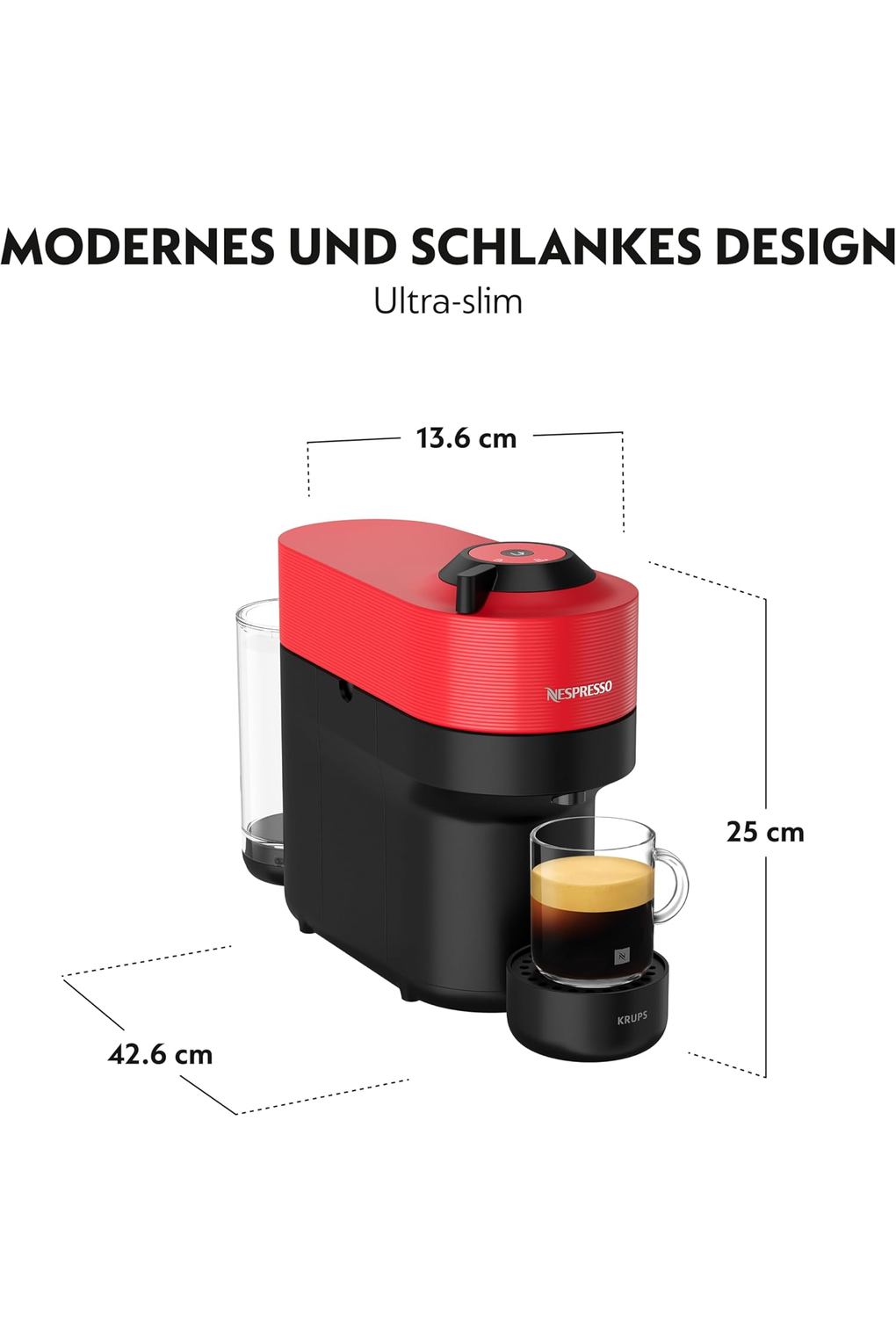 Кофемашина Nespresso Krups Vertuo Pop Coffee Capsule Machine, Capacity: 560 ml, Automatic Capsule Detection, One Touch System, 4 Cup Sizes, Shortened Heating Time, Sustainable, Spicy Red, XN9205. Фото 5.