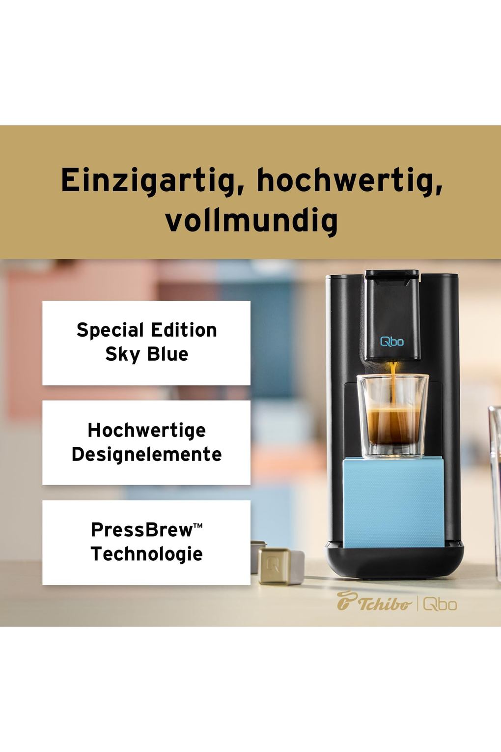 Кофемашина Tchibo Qbo ICONIC Pantone Premium Capsule Machine with 16 Recyclable Qbo Capsules for Espresso, Caffe and Caffe Grande, Compact, Innovative Design, Sky Blue. Фото 6.