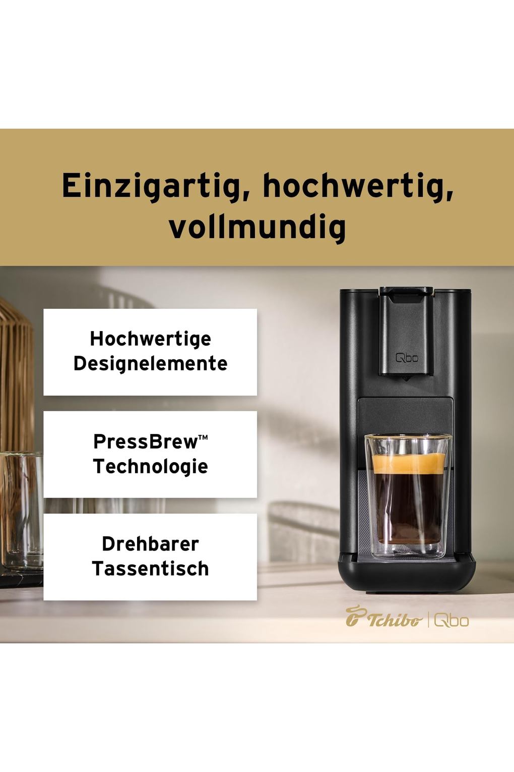 Кофемашина Tchibo Qbo ICONIC Premium Capsule Machine with 16 Recyclable Qbo Capsules for Espresso, Caffe and Caffe Grande, Compact, Innovative Design, Dark Chrome. Фото 6.
