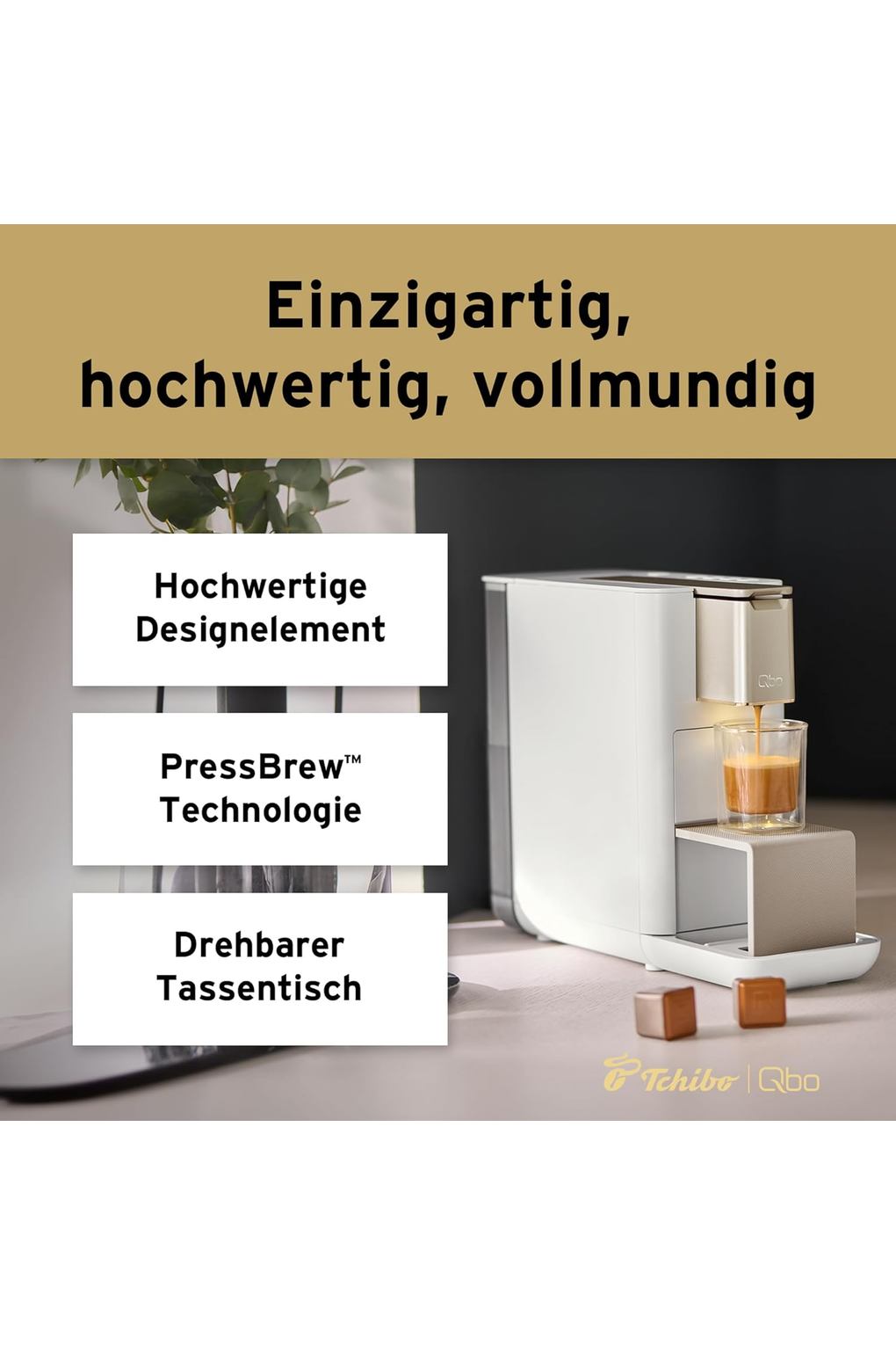 Кофемашина Tchibo Qbo ICONIC Premium Capsule Machine with 16 Recyclable Qbo Capsules for Espresso, Caffe and Caffe Grande, Compact, Innovative Design, Light Gold. Фото 6.