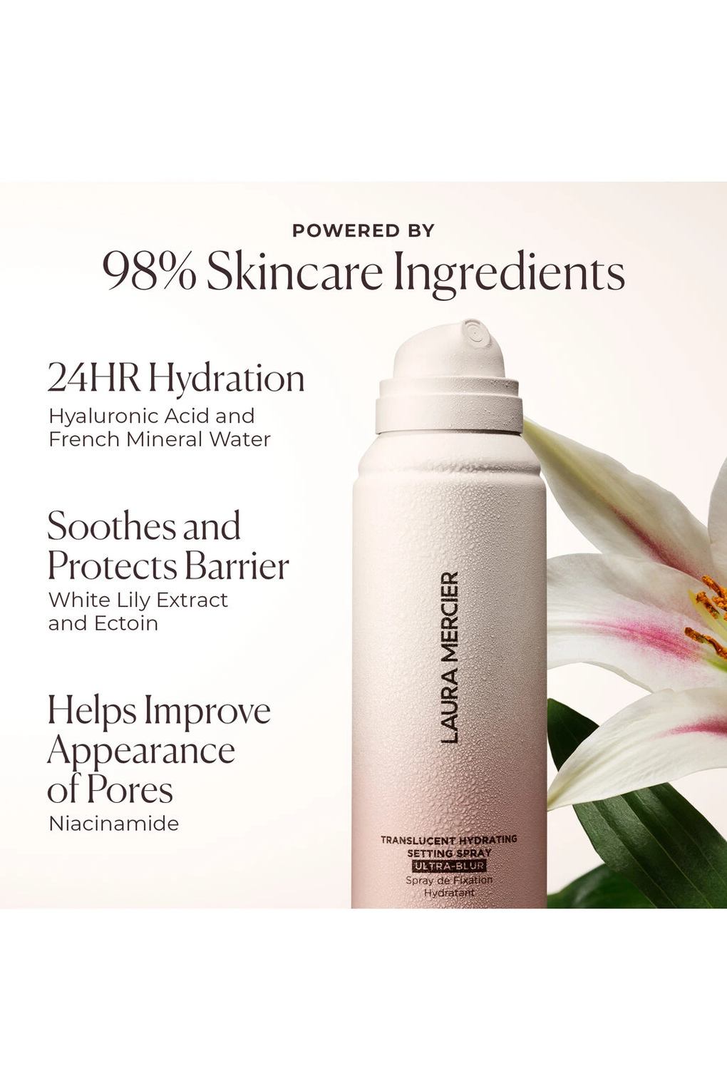 LAURA MERCIER Прозрачный увлажняющий фиксирующий спрей Ultra-Blur Fixing Spray, 100 мл. Фото 4.