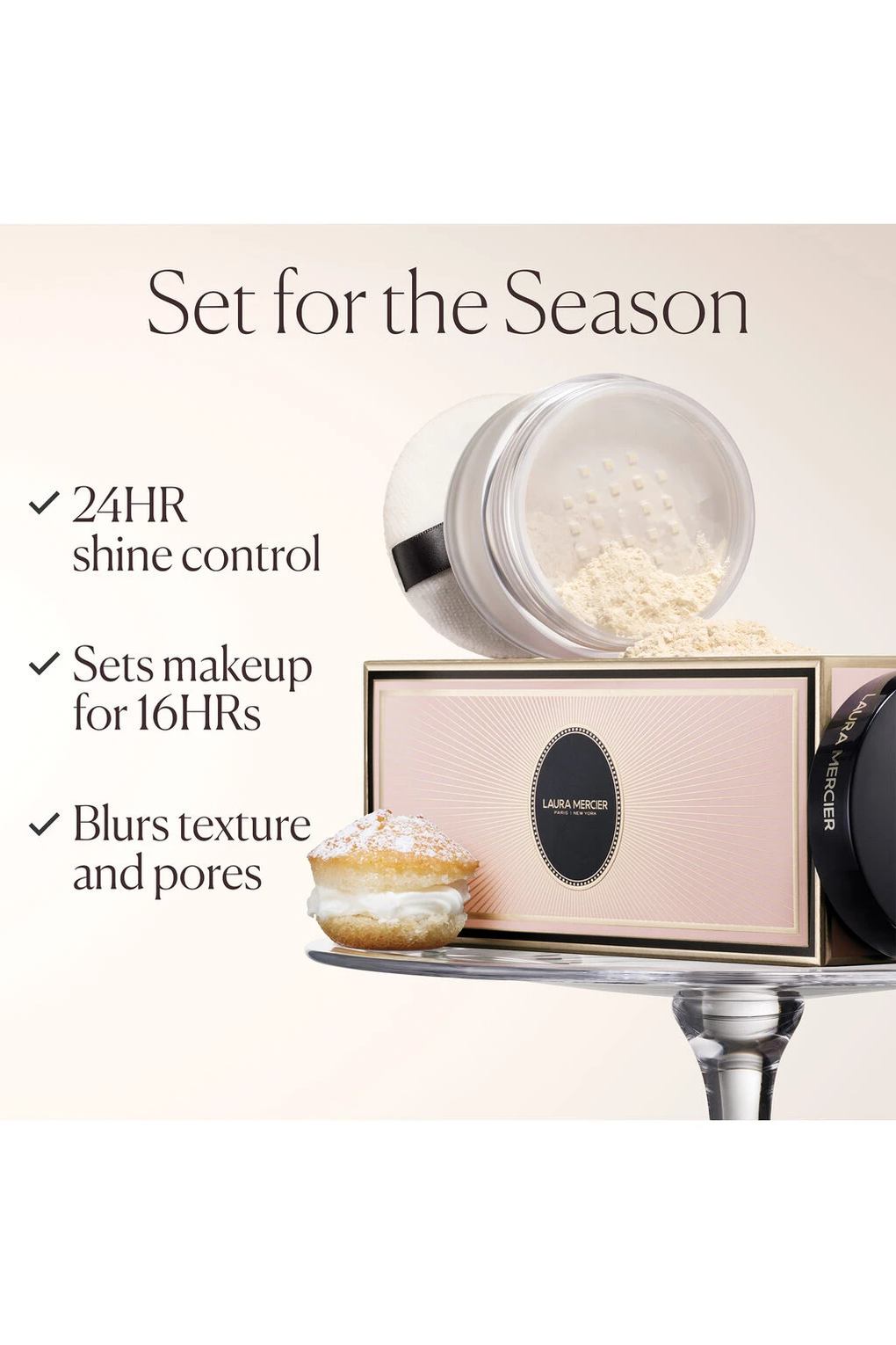 Набор для макияжа лица LAURA MERCIER Indulgent Icons, прозрачная рассыпчатая фиксирующая пудра + спонж прозрачный. Фото 3.