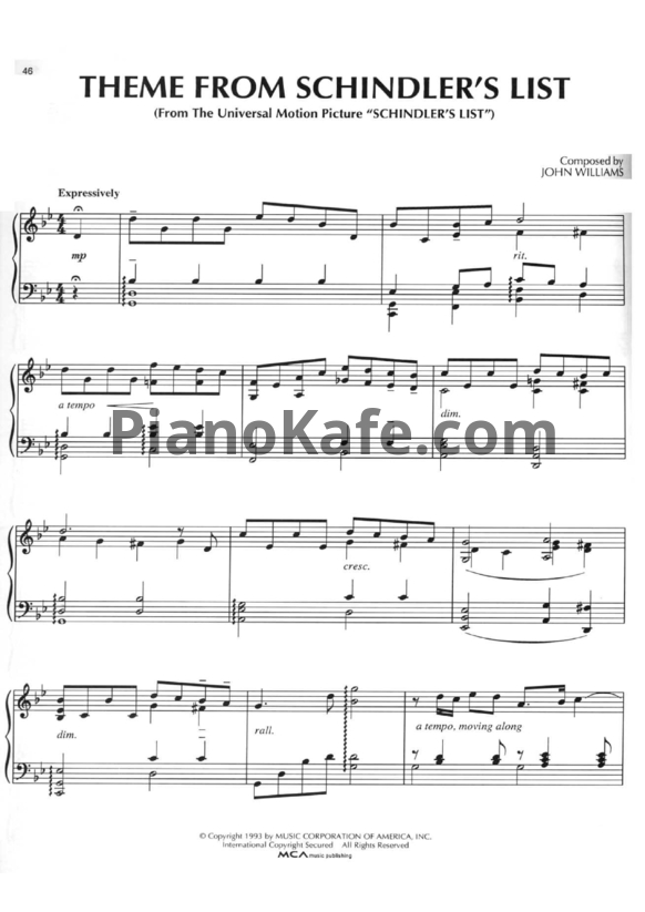 Ноты John Williams - Theme from Schindler`s list