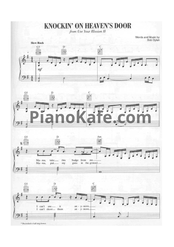 Ноты Bob Dylan - Knockin' on heavens door (Piano solo)
