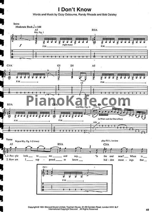 Ноты Ozzy Osbourne - I don't know (Guitar Tabs & Voice)