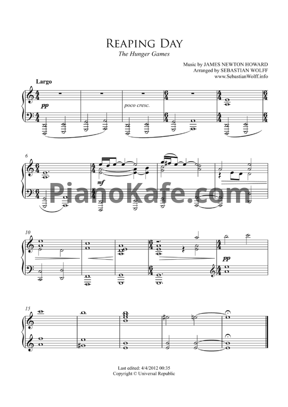 Ноты James Newton Howard - Reaping day