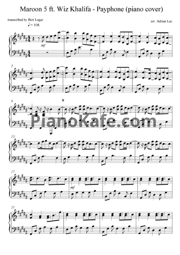 Ноты Maroon 5 - Payphone (Adrian Lee version)