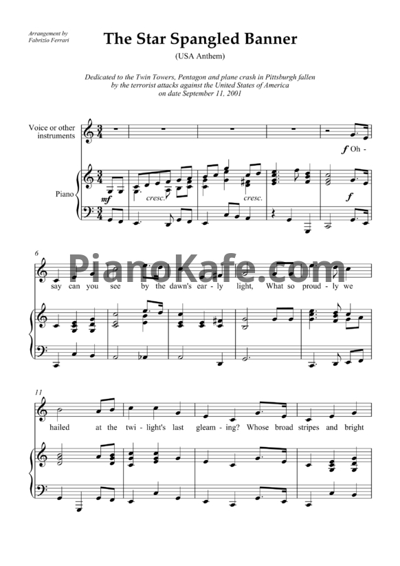 Ноты John Stafford Smith - The star spangled banner (USA anthem) (Arrangement by Fabrizio Ferrari)