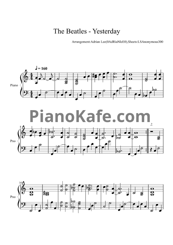 Ноты The Beatles - Yesterday (Adrian Lee version)