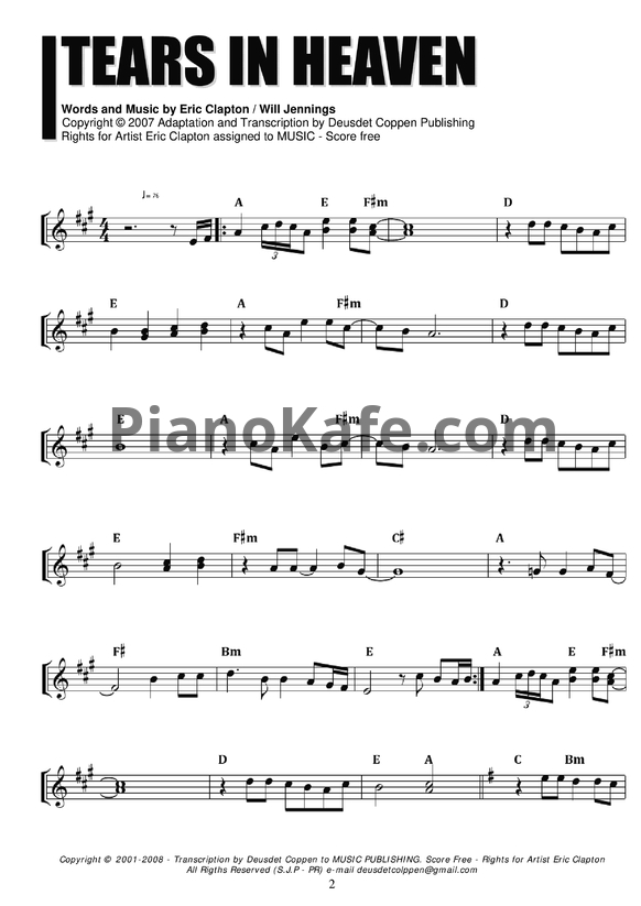 Ноты Eric Clapton - Tears in heaven (Transcription by Deusdet Coppen)