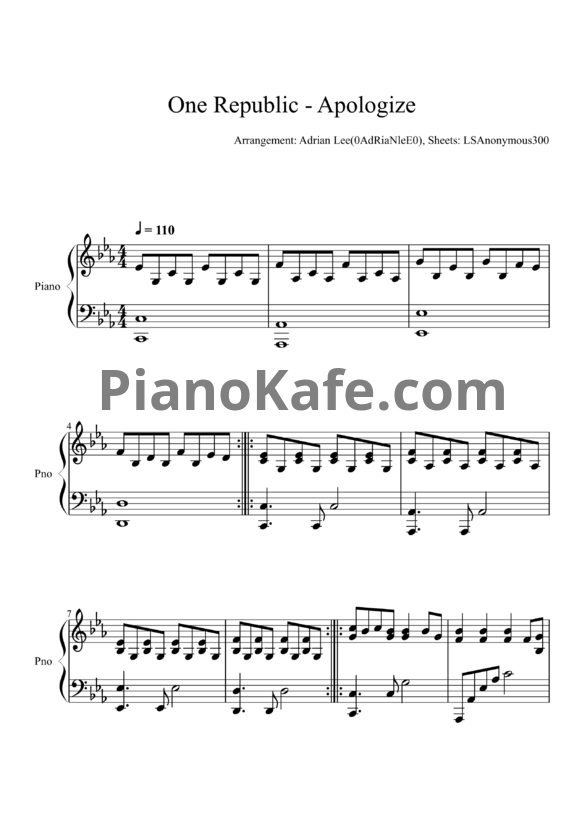 Ноты One Republic feat. Timbaland - Apologize (Arrangement: Adrian Lee)