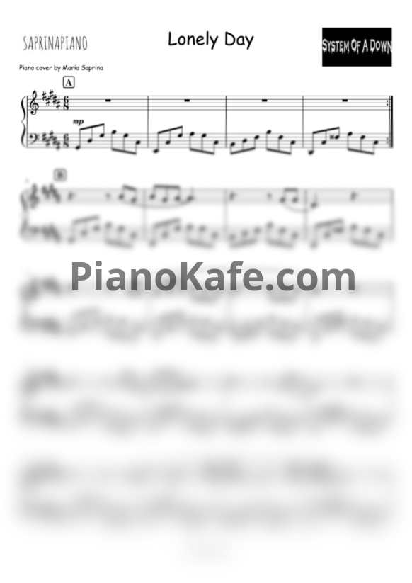 Ноты System of a Down - Lonely day (SaprinaPiano cover)