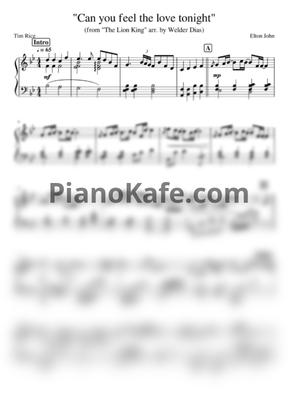 Ноты Welder Dias - Can you feel the love tonight (Elton John piano cover)