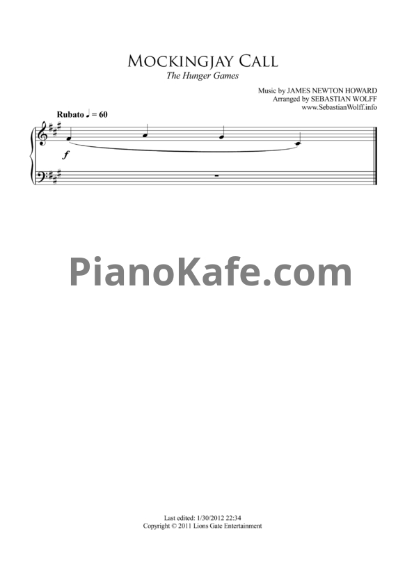 Ноты James Newton Howard - Mockingjay call