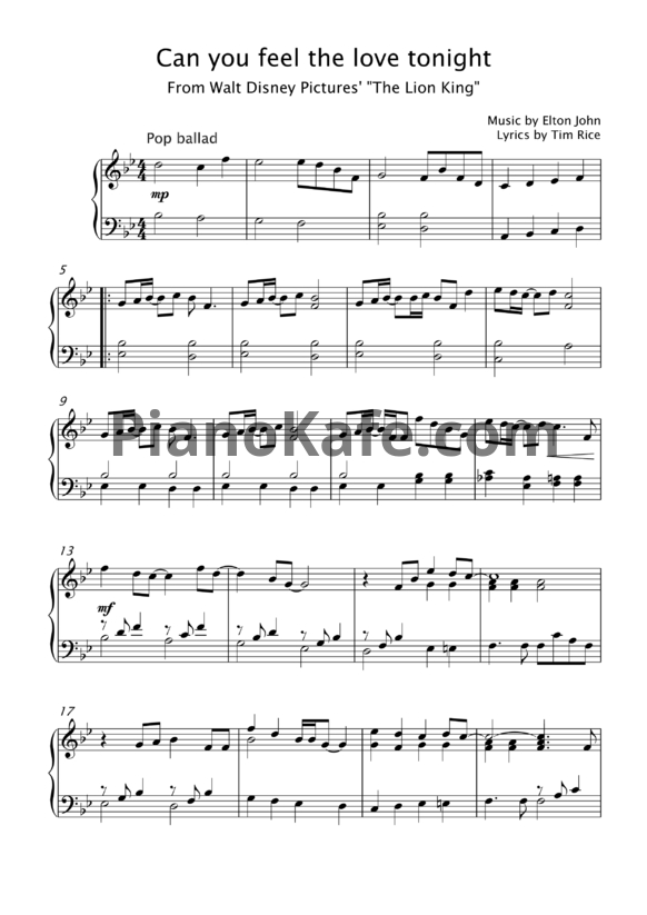 Ноты Elton John - Can you feel the love tonight (Piano cover)