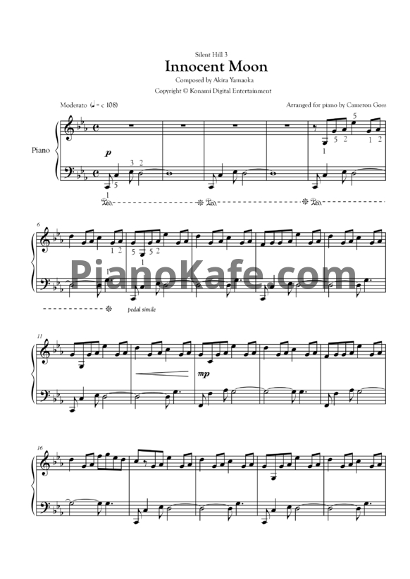 Ноты Akira Yamaoka - Innocent moon (Arranged for piano by Cameron Goss)