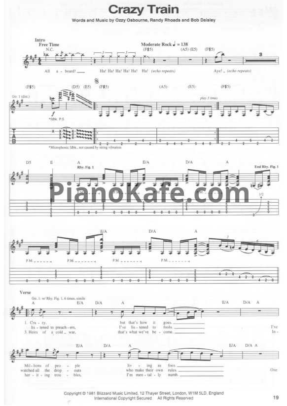Ноты Ozzy Osbourne - Crazy train (Guitar tabs)