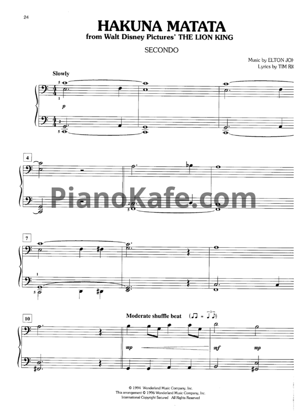 Ноты Elton John - Hakuna Matata (для 2 фортепиано)