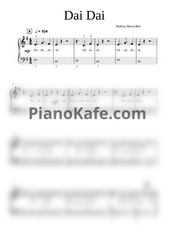 Ноты Shakira & Burna Boy - Dai Dai (Piano solo)