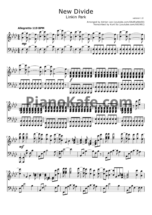 Ноты Linkin Park - New divide (Arranged by Adrian Lee)