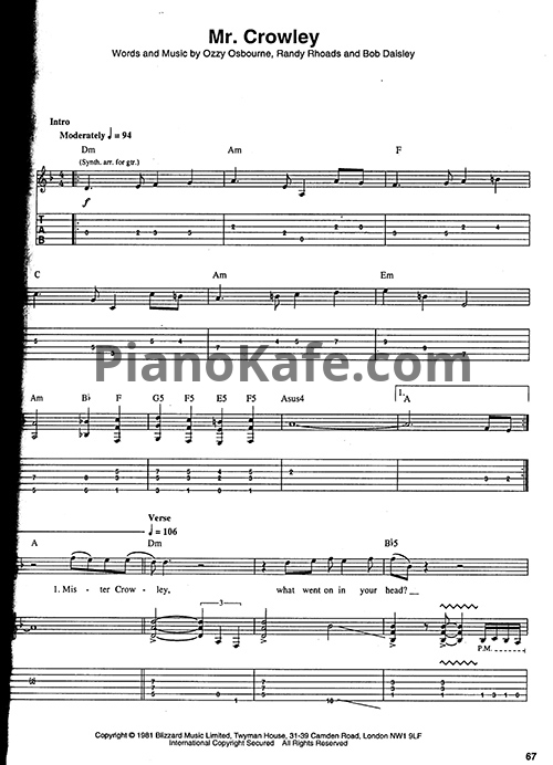 Ноты Ozzy Osbourne - Mr. Crowley (Guitar Tabs & Voice)